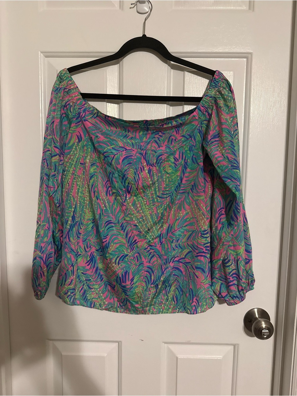 Lilly Pulitzer Silk Blend Off The Shoulder Top Large Palm Print Tropical Pink